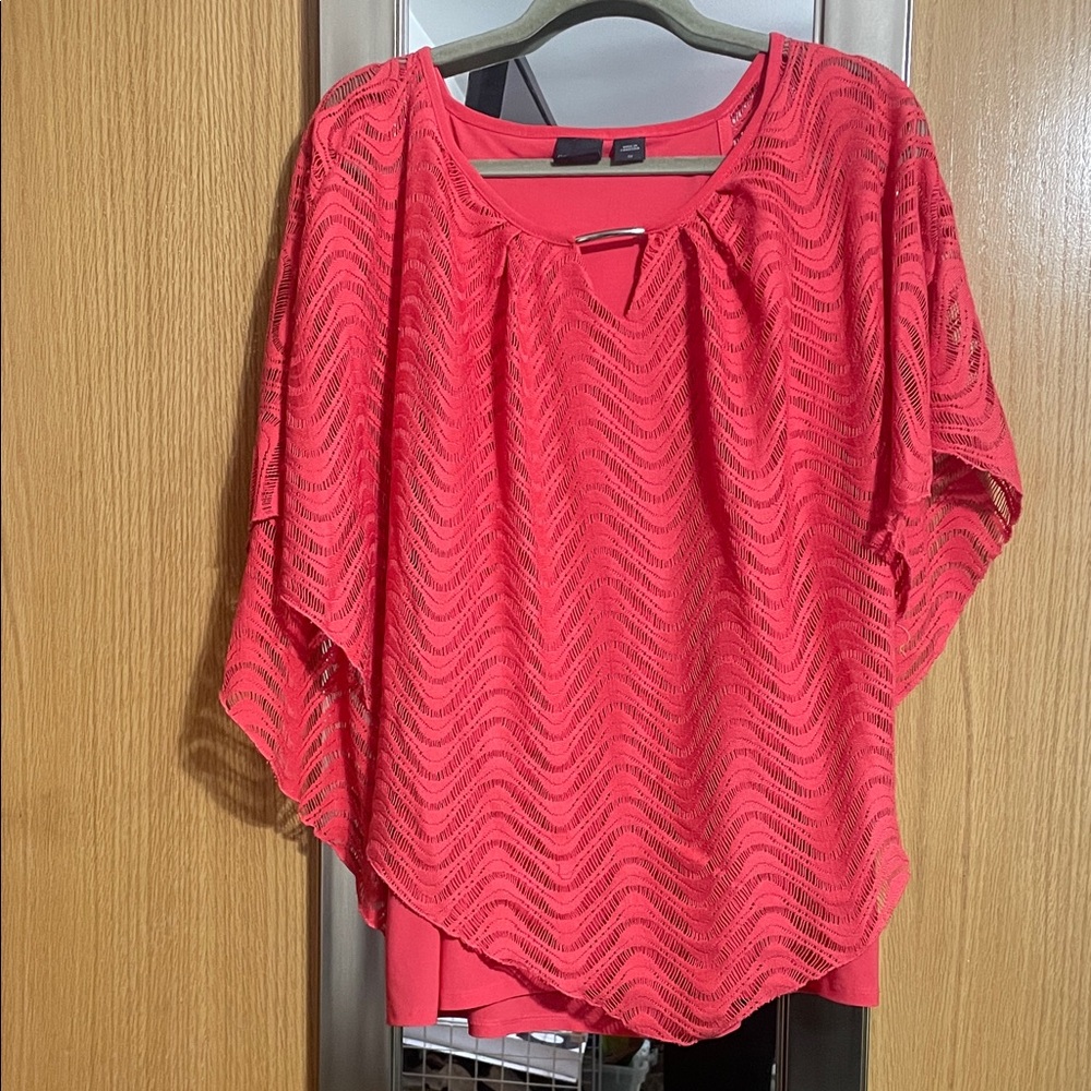 Covington Woman size 2X Red Coral Lace Overlay Women's Blouse Metal Accent